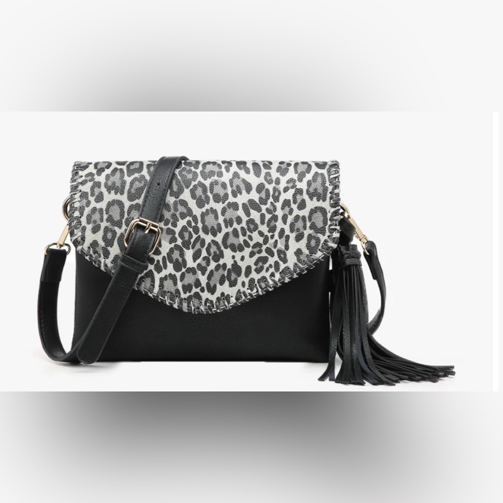 Leopard Print Black Leather Clutch